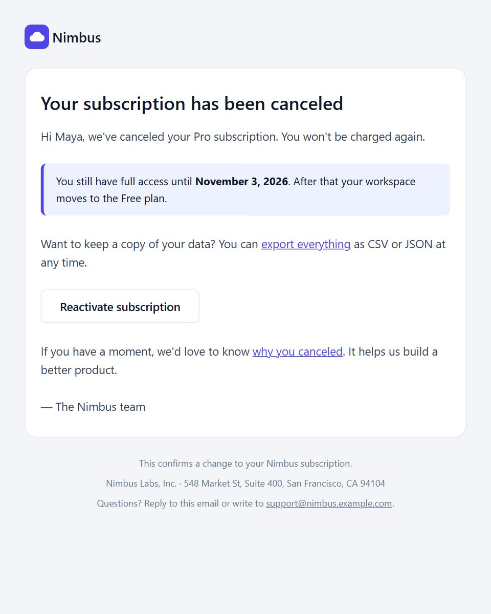 Subscription canceled email