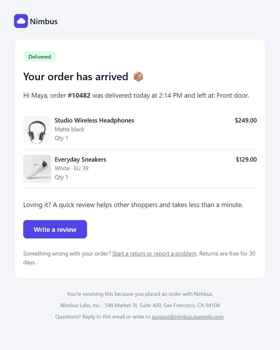 Order delivered email