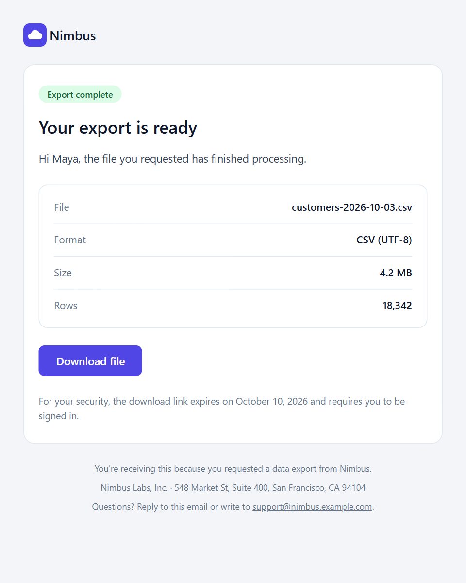 Export ready email