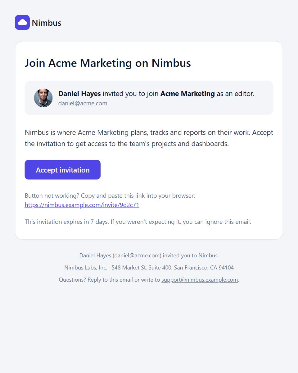 Team invitation email
